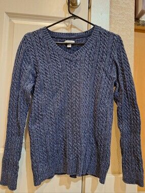 Croft and Barrow Blue Medium Marled Cable Knit V-Neck Sweater